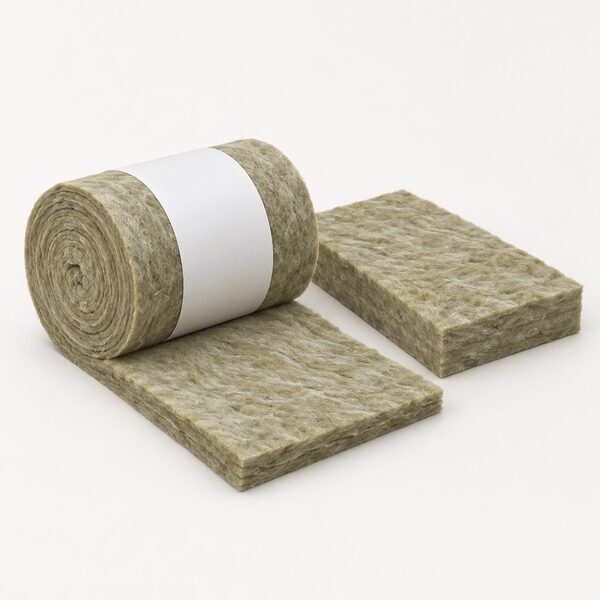 A simple product still life of a roll and a batt of mineral wool insulation, one roll partly open showing its fibrous grey-green body, resting on a plain surface with a blank product label band, nothing else in the scene.