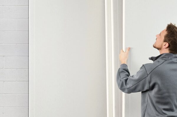 A man fitting a large white PIR insulation board against a wall next to a white brick wall