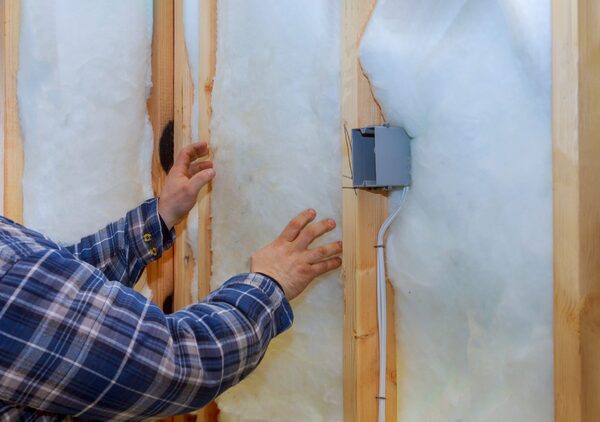 A person fitting mineral wool insulation between timber wall studs next to an electrical socket box