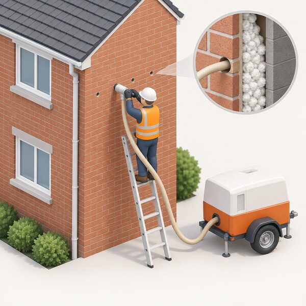 An installer on a ladder at the outer brick wall of a house drills a small hole and injects cavity wall insulation through it, with a hose from a delivery unit beside him, showing the low-disruption external fill of the cavity.