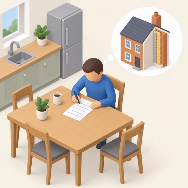 A simplified isometric householder at a kitchen table completing a printed building notice form with blank lines, a pen in hand, ready to submit it to a building control body before cavity wall insulation work begins.