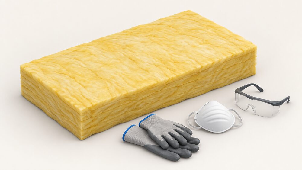A thick yellow mineral wool insulation batt lying flat, with a pair of protective work gloves, a dust mask and safety goggles placed beside it, all seen close up on a plain surface.