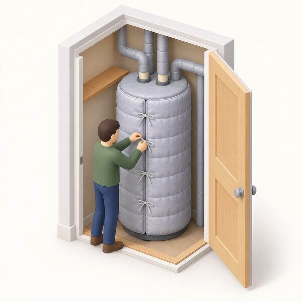 An open airing cupboard in a home showing a hot water cylinder fitted with a thick quilted insulation jacket, with a small isometric figure adjusting the jacket's ties, and insulated pipework entering the cylinder at the top.