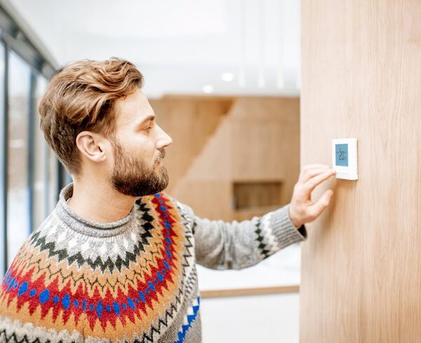 A man adjusting a wall-mounted digital thermostat in a modern home
