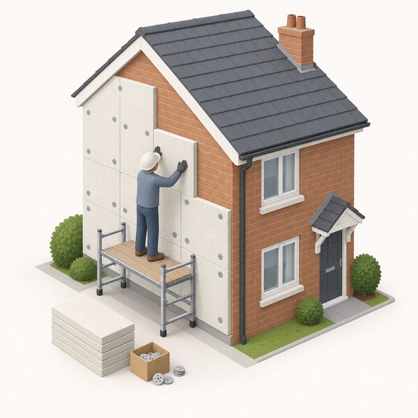 An installer in plain work clothes fitting insulation boards to the external wall of a small British home, standing on a low platform and fixing a board over the wall surface while more boards and fixings wait beside them.