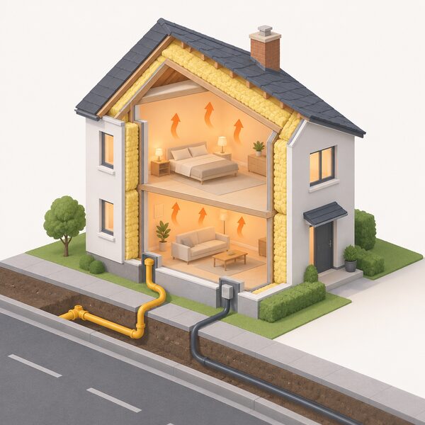 A cutaway house exterior with thick insulation shown in its walls and roof, warmth held inside as a soft glow, while a gas pipe and an electricity cable still run from the street into the home, showing reduced but continuing grid dependence.