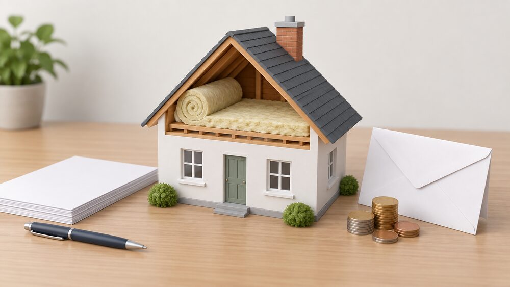 A small cutaway model house with a thick pale layer of mineral wool roll laid across its loft floor sits centrally on a table beside a stack of blank paperwork, a pen and a small pile of coins, with a folded energy bill envelope leaning against the model.