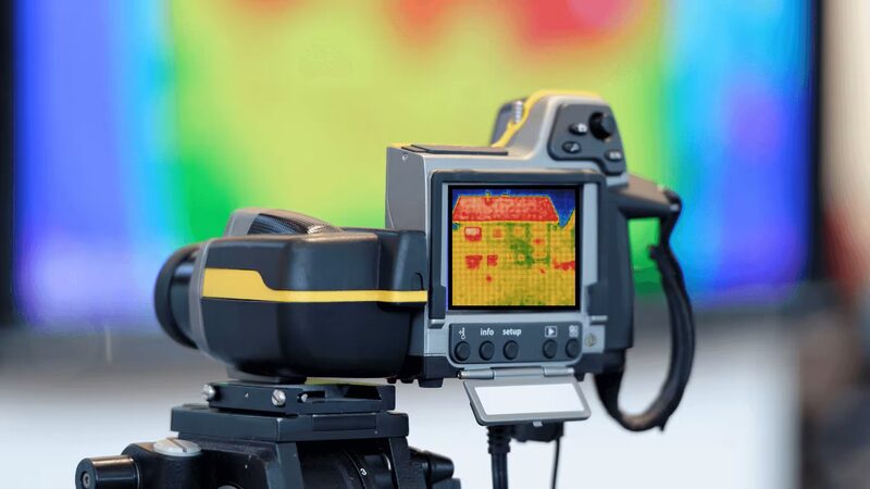 A thermal imaging camera on a tripod displaying a heat-map image of a house, with a blurred thermal image on a screen behind