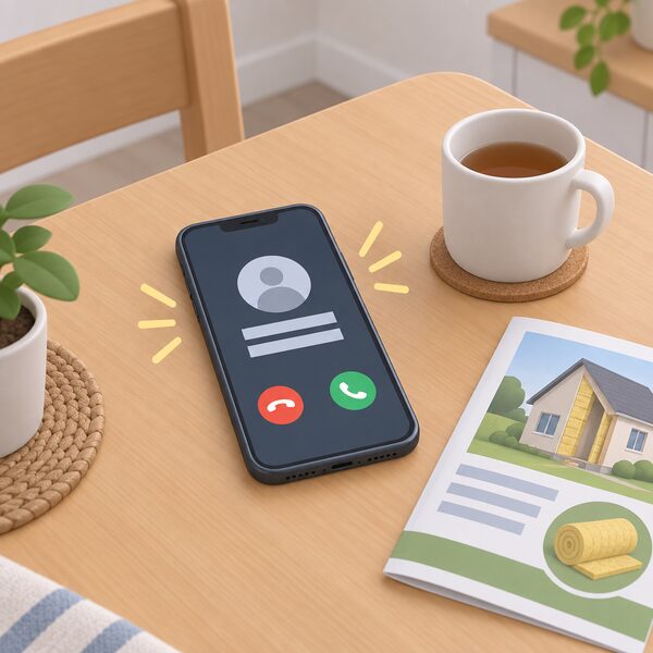 A mobile phone lying on a domestic table, screen lit with an incoming call from an unknown number, beside a mug and a folded insulation leaflet, showing the unsolicited cold call selling insulation arriving unasked.