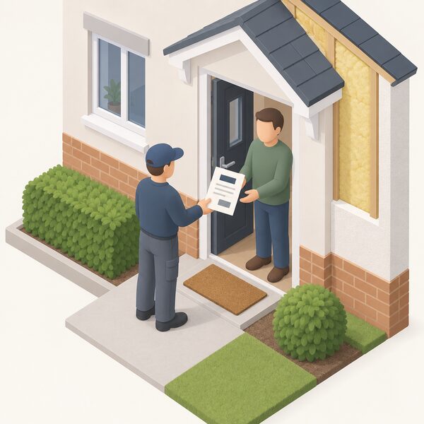 A TrustMark-registered installer, shown as a simplified isometric figure in plain work clothing, hands a paper registration certificate to a householder at the front door of a home after completed insulation work, the certificate bearing a registration number and a certificate of lodgement shown only as blank lines and plain blocks.