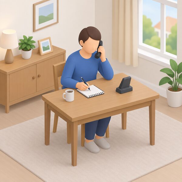 A householder seated at a table in a home interior speaking into a corded or cordless telephone, with a notepad and pen beside them, making a call to report a scam or complaint about insulation work.