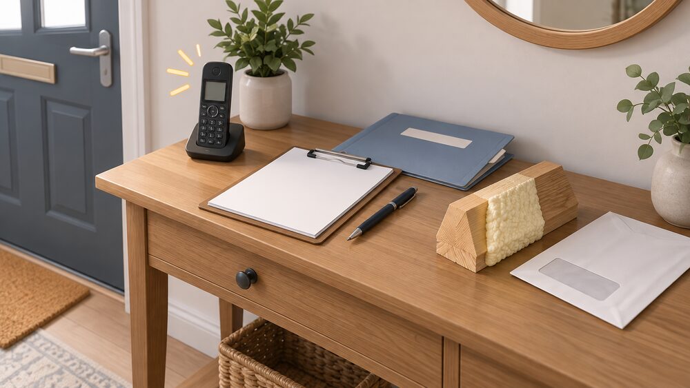 A hall table by the front door holds a ringing cordless phone beside a blank contract on a clipboard, a pen, a pre-work survey folder and a small sample block of yellowish spray foam stuck to a short length of roof timber, with a window envelope pushed aside.