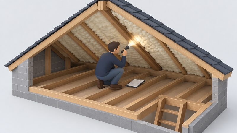 A surveyor in plain clothing, shown as a small simplified isometric figure, crouches in a dim loft beneath the sloping roof, lifting a torch to inspect roof timbers partly covered by sprayed foam insulation, with a clipboard resting beside him on the joists.
