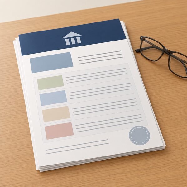 A printed agrément certificate lying flat on a wooden table, its pages showing blank ruled lines and plain colour blocks where the product, declared performance, conditions of use and restrictions would be stated, with a pair of reading glasses resting beside it.