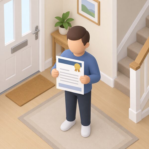 A standalone paper cavity wall insulation guarantee certificate from the guarantee agency, held in both hands by a simplified figure in a home hallway, shown as a physical document with blank lines and plain colour bands carrying no readable words or numbers.