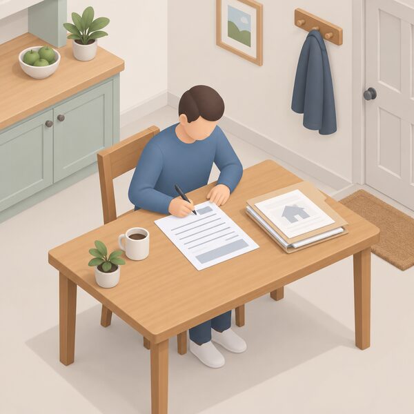 A simplified isometric figure sits at a kitchen or hallway table filling in a printed eligibility and pre-installation declaration form with a pen, the sheet showing blank lines and plain blocks only, with a folder of property papers beside it before any insulation work begins.