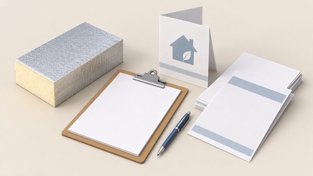 A small tabletop arrangement of blank certificates and folded guarantee paperwork beside a cut sample block of rigid insulation board, with a clipboard and pen, representing the documents a householder keeps after insulation work.