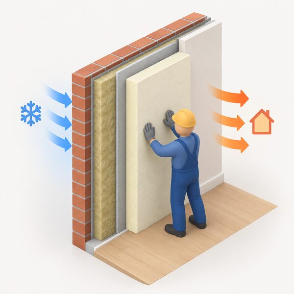 A cutaway wall shown in layers with an installer fitting an extra thick insulation layer onto the inner face, the new layer sitting in front of the existing brick and insulation layers so the added thickness is clear.