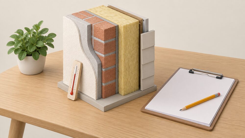 On a table, a small cutaway model of a wall build-up showing its layers of plaster, masonry and a thick insulation layer, standing beside a blank clipboard with papers and a pencil, with a small thermometer leaning against the model.