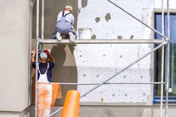 Two workers on scaffolding fixing external wall insulation boards to a building and applying render over them