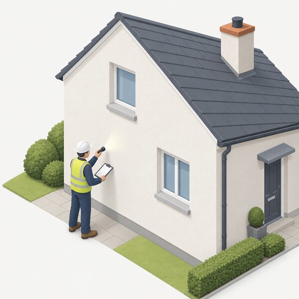 A simplified isometric inspector in plain workwear stands outside a house, examining the finished external wall insulation render with a clipboard and torch, checking the coating and edges of the newly applied insulation system.
