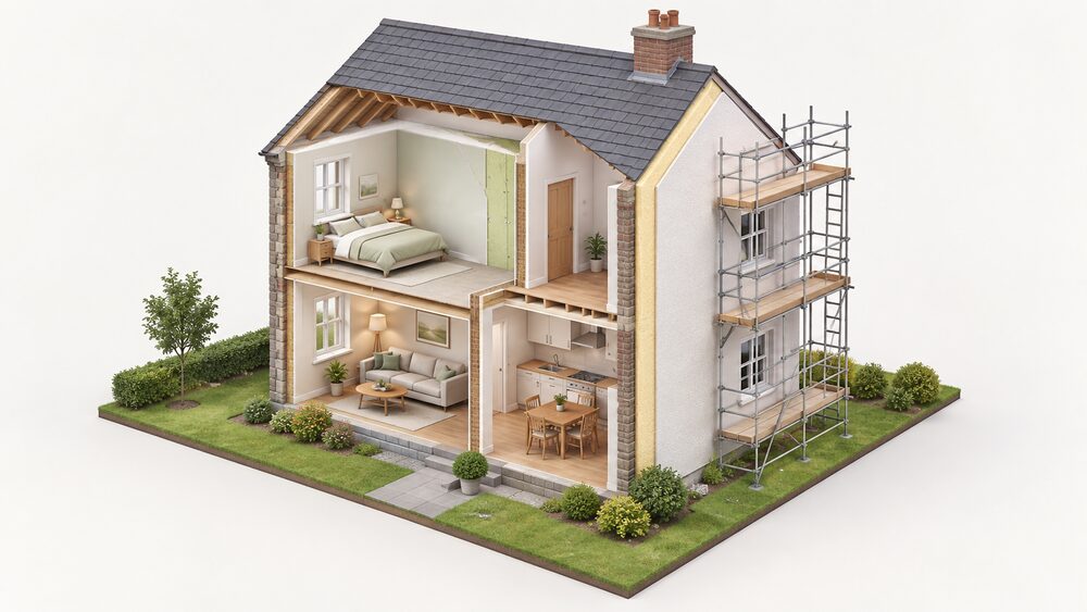A cutaway of a small solid-wall house showing one room's inner wall face lined with a thick insulation board and plasterboard layer that slightly reduces the room, while the outside face of another wall is wrapped in an insulation layer finished with render, reached by scaffolding.