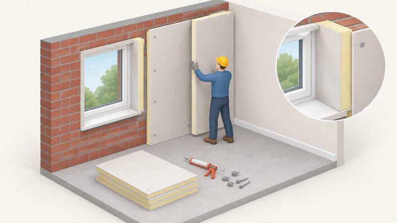 A room with a solid brick external wall being fitted with thick insulated plasterboard, one board already fixed and a worker positioning another, with the window reveal in that wall lined with a narrower insulated return board meeting the new wall lining.