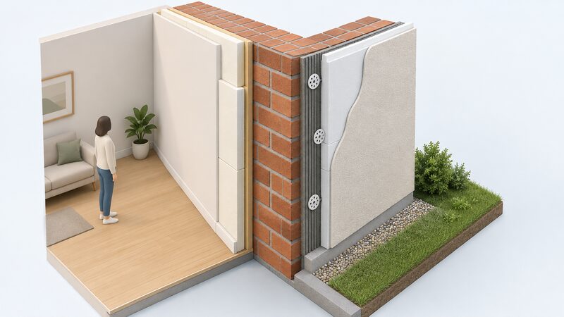 A cutaway of a thick solid brick wall shown in section, with insulation boards and a plaster finish added on the inner room face and a separate insulation layer with mechanical fixings, adhesive and a render coat on the outer face, both shown on the same wall but on opposite faces.