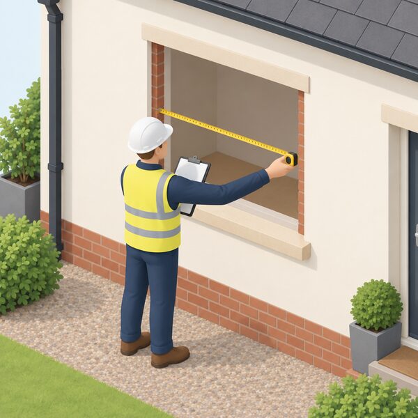 A surveyor with a tape measure standing at an empty window opening in a house wall, recording the opening's dimensions on a clipboard, with no window fitted yet since the made-to-order windows are specified after the local survey.