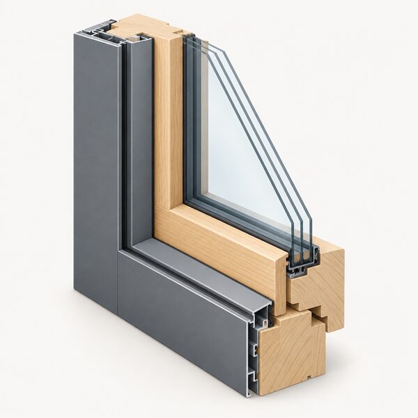 A cutaway corner of a timber-aluminium window frame showing the warm timber inner face on the room side and a thin aluminium outer skin wrapping the exterior, with the triple glazing edge visible in the 85 mm profile.