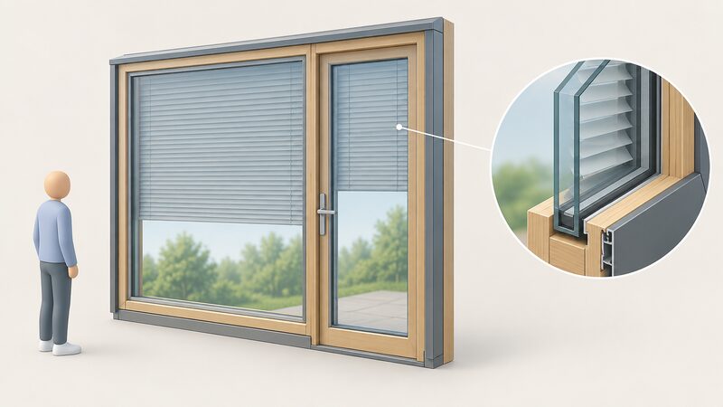 A timber-aluminium window-and-door unit shown in cutaway, with a blind lowered between the two glazing panes inside the sealed cavity, a small isometric figure beside it indicating the blind sits within the unit rather than added on.