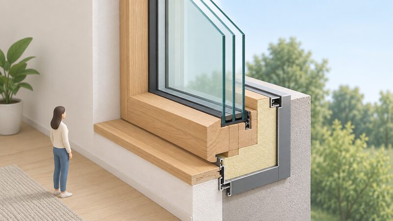 A cutaway section view of a timber-aluminium triple-glazed window set in a wall, seen from the inside, showing the warm timber inner frame, the insulating foam core and the thin aluminium outer capping, with three glass panes visible in the unit.
