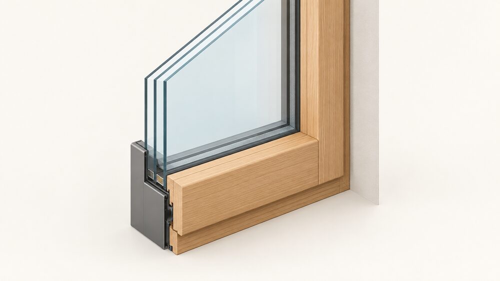 A close-up of a timber-aluminium casement window seen from the room side, its timber inner frame facing the viewer, with the edge of the triple-glazed unit showing three panes of glass, and a glimpse of the aluminium outer skin and wall junction where the frame meets the opening.
