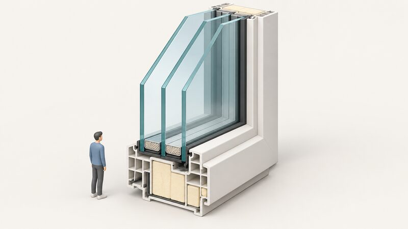 A cutaway cross-section of a triple-glazed window unit showing three parallel panes of glass separated by two gas-filled cavities, all set within a thick insulated frame profile with its layered construction visible.