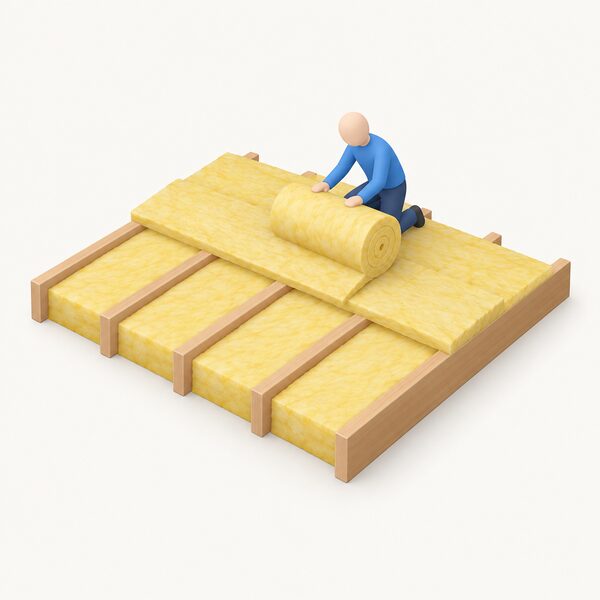A loft space where a roll of glass mineral wool insulation is laid in one layer between the ceiling joists and a second layer running across over the top of them, with a simplified figure unrolling part of it.