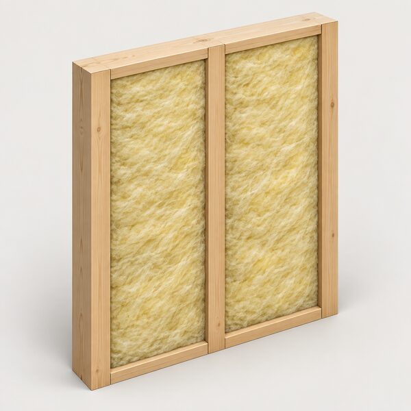 A cutaway view of a timber frame wall showing a soft mineral wool batt pressed snugly between vertical timber studs, filling the cavity completely with no gaps at the edges, drawn as a simple construction detail with the batt's fibrous texture visible.
