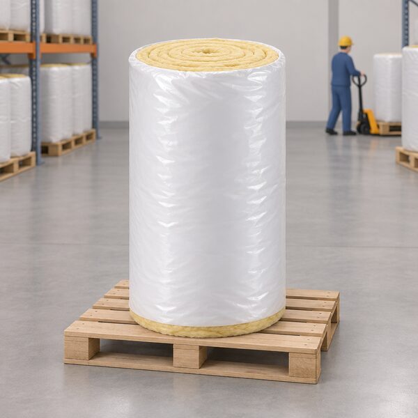 A single shrink-wrapped roll of glass mineral wool insulation standing upright on a warehouse floor or pallet, shown as a plain cylindrical or rectangular pack with the pale yellow wool visible at the open ends and no branding or labels carrying readable text.