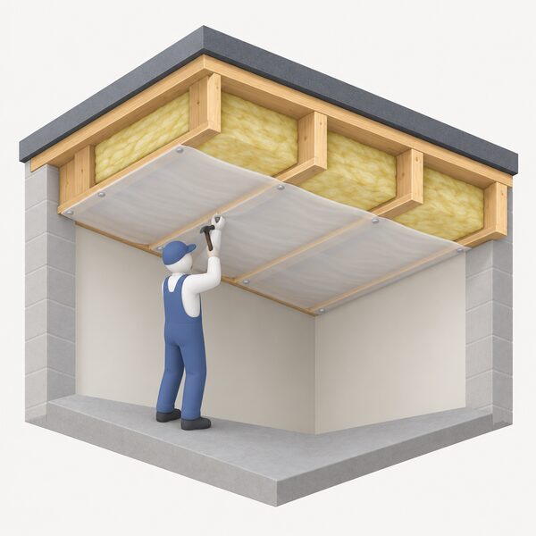 A cutaway view of a cold deck flat roof showing mineral wool insulation laid between timber joists, with a vapour membrane tacked to the underside of the joists, and a simplified isometric figure fixing the membrane in place before any plasterboard is applied.