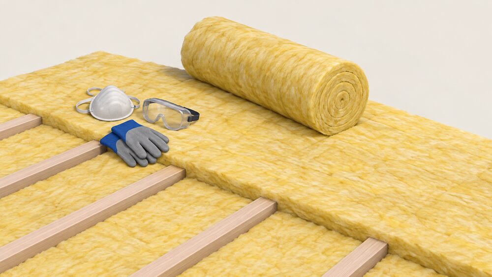 A close-up of a loft floor where a thick yellow glass mineral wool roll is being unrolled at right angles across ceiling joists, with a first layer already fitted between the joists below, and a dust mask, goggles and gloves resting on the laid wool.