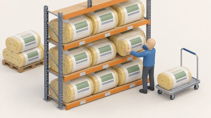 A builder's merchant shelf holding several compressed glass mineral wool rolls in clear plastic compression wrap, stacked on their sides, with plain product labels on the wrap and a simplified isometric figure reaching for one roll.