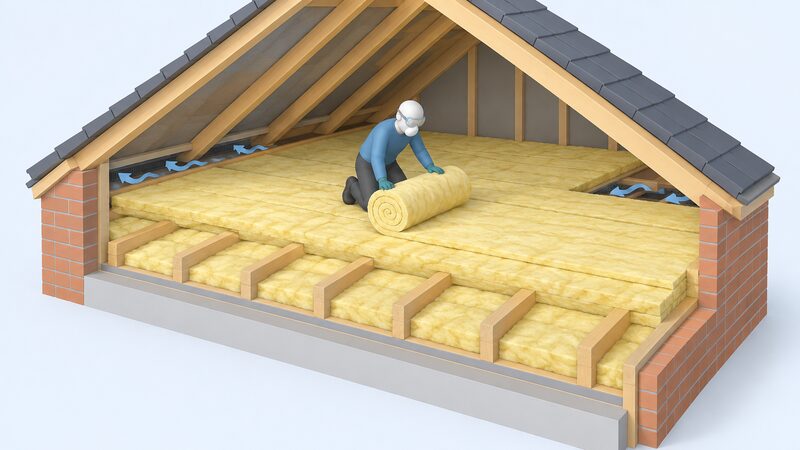An isometric cutaway of a loft where a simplified figure in long sleeves, gloves, goggles and a face mask unrolls a second blanket layer of glass mineral wool across the tops of the ceiling joists at right angles to a first layer laid between them, with the eaves ventilation gap left clear.