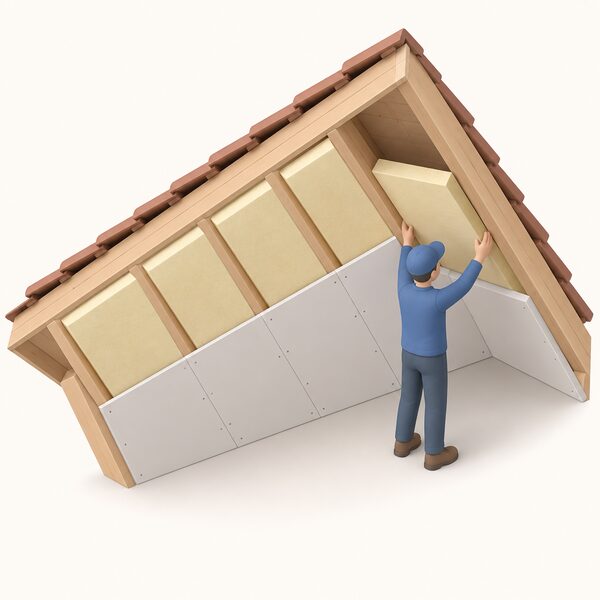 A cutaway pitched roof interior in a room-in-roof conversion showing rigid insulation boards fitted snugly between the sloping rafters, with plasterboard sheets fixed beneath them, one small isometric figure placing a board against the underside of a rafter.