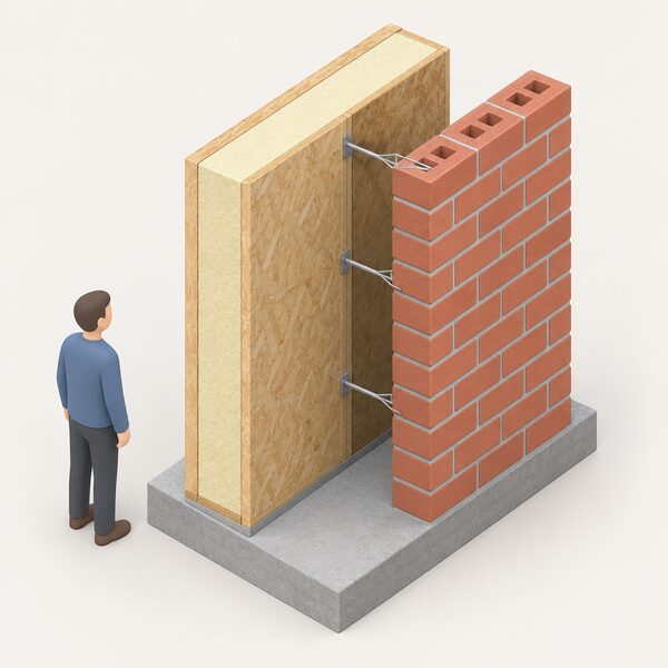 A cutaway isometric view of a house corner showing a thick factory-made structural insulated panel with two outer skins and an insulating core forming the structural wall, with a separate outer leaf of brickwork standing clear of it, joined by wall ties and a visible cavity gap.