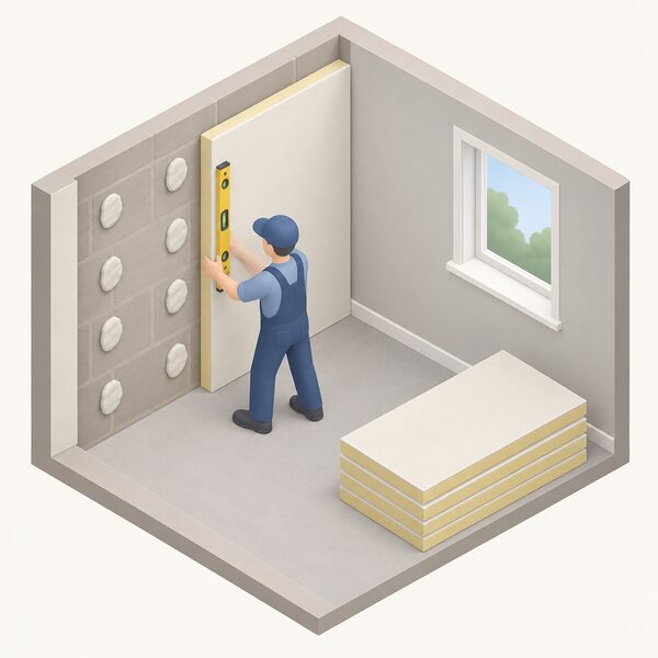 A professional installer in plain work clothing fitting a large rigid insulation board against an internal solid wall inside a room, pressing it level onto adhesive dabs over a prepared wall surface, with a spirit level and further boards stacked nearby.