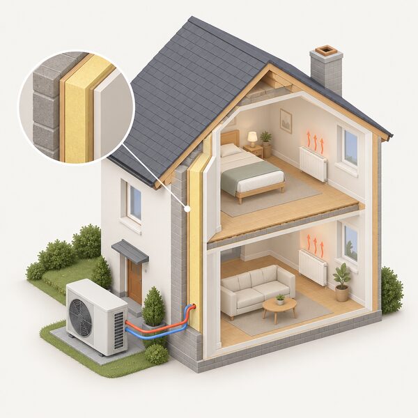 A cutaway isometric view of a house with rigid insulation boards lining its walls, and an air source heat pump unit outside connected to the interior heating, warming the home.