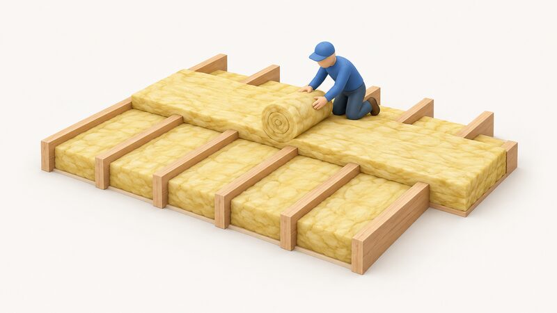 A partly unrolled glass mineral wool loft roll laid between timber loft joists, with a second roll running crossways at right angles on top, one small isometric figure kneeling and unrolling the top layer across the joists.