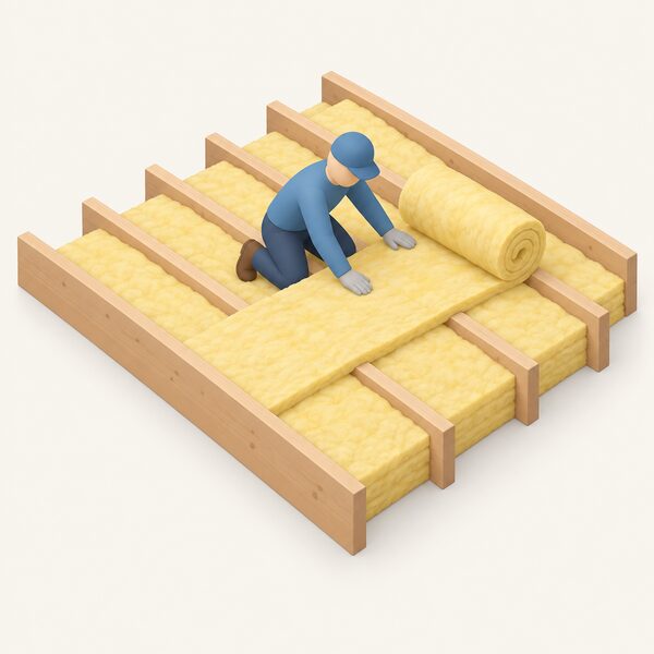 An open loft space where a roll of glass mineral wool is being unrolled across timber floor joists, filling the gaps between them with a second layer laid over the top, shown as a simple isometric scene with one installer kneeling and smoothing the wool flat.