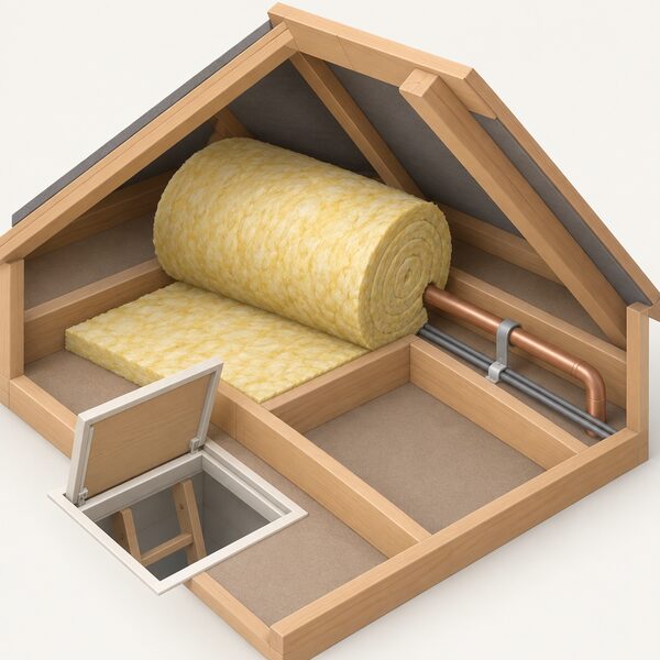 A cramped loft space where a partially unrolled glass mineral wool roll is too bulky to fit between joists around a cable and pipe obstruction, with a small loft hatch nearby suggesting the tight access that makes blown-in insulation the alternative.