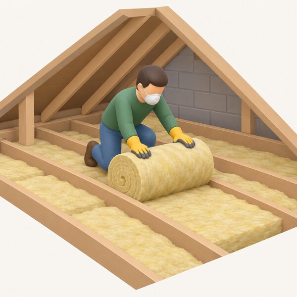 A simplified isometric figure in a loft space wearing protective gloves and a dust mask, lifting and unrolling a roll of glass mineral wool loft insulation between joists.