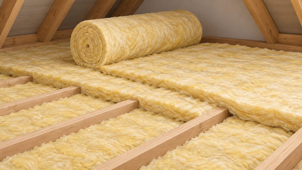 A close-up of glass mineral wool loft rolls in an open loft: a first layer of roll laid between the floor joists, with a second thicker layer unrolled across the top at right angles to the joists, partially unrolled to show the wool.